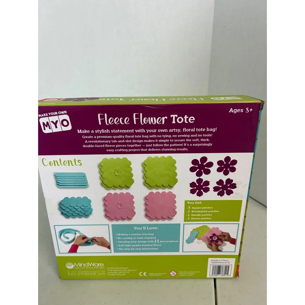 MindWare MYO Fleece Flower Tote DIY No Sew Craft Kit Ages 8+ 12x12 Bag‎ New